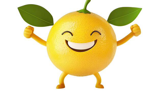 Cute orange fruit character with a happy face, surrounded by green leaves, representing freshness and health in a vibrant cartoon style