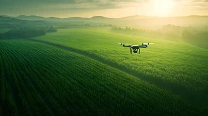 a drone hovers over a lush green field at sunrise, capturing the beauty of agriculture in a serene l