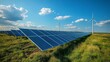 © Plaifah - A solar farm in a rural area, rows of panels stretching across the landscape, with wind turbines in the distance, demonstrating a commitment to renewable energy sources.