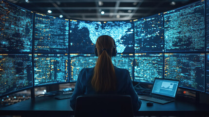 Woman monitoring data on multiple screens, working in a command center with global network maps and analytics, high-tech control room, cybersecurity, and information technology.