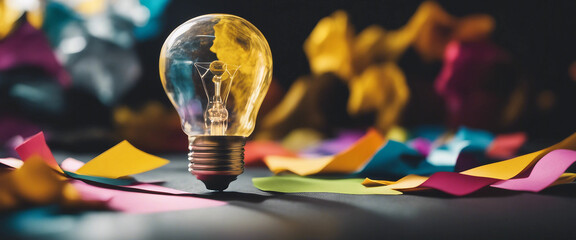 Wall Mural - Light bulb drawn with yellow colored crumpled paper on a black background surrounded by colorful pap