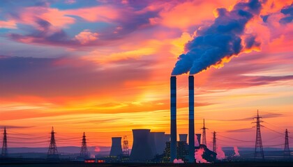 Industrial smokestacks silhouetted against a vibrant sunset sky, capturing the contrast between energy production and environmental impact