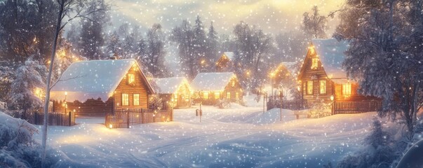 Poster - A tranquil winter village immersed in snow, glowing lights flicker from cozy homes, creating a serene holiday atmosphere.