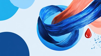 Wall Mural - Intertwined blue and orange brush strokes surrounding a red blob on a light blue background.health and balance. The concept of World Diabetes Day and Health Awareness. AI.