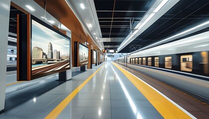 Dynamic urban train station highlighting modern design with a blank advertising board and a swiftly approaching train