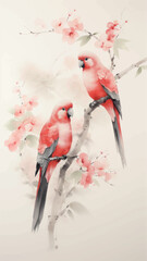 Sticker - Elegant parrots on cherry blossoms