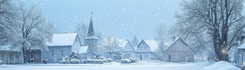 Poster - A serene winter landscape featuring quaint houses covered in snow, with gentle snowfall creating a peaceful atmosphere.