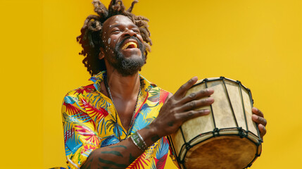 Man playing a djembe drum in colorful attire against a yellow background