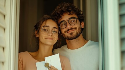 Poster - A man and woman holding a key to their new home, AI