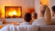© starush - A family sitting on a couch watching the fire in front of them, AI