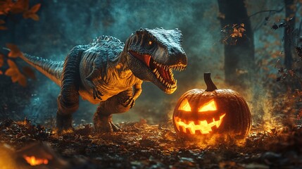 Wall Mural - A dinosaur interacts with a carved pumpkin amidst a spooky Halloween setting, blending fantasy and festive spirit. 