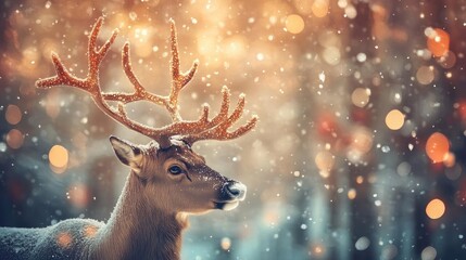 Aufkleber - A majestic deer standing peacefully in a serene snowy forest, surrounded by twinkling lights and soft snowfall. Nature's beauty captured.