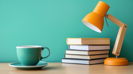 A lamp and a cup of coffee on top of books, AI