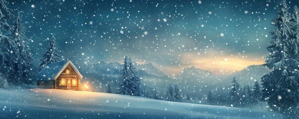 Aufkleber - A serene winter scene with a cozy cabin surrounded by snow-covered trees and gently falling snowflakes under a twilight sky.
