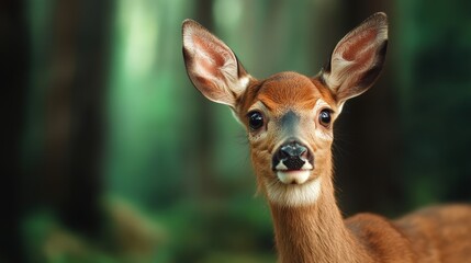 Canvas Print - A close up of a deer looking at the camera in front of trees, AI