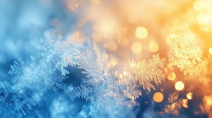 Poster - A mesmerizing blend of frost and light, showcasing delicate ice crystals with soft bokeh in warm and cool tones.