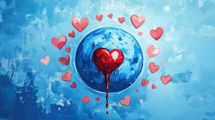 Wall Mural - A globe with a large red heart in the center, surrounded by smaller hearts, symbolizing global awareness of health and diabetes. The concept of World Diabetes Day and Health Awareness. AI.