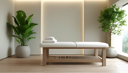 Poster - Tranquil minimalist treatment room with a massage table and refreshing greenery for ultimate relaxation