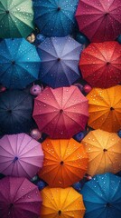 Wall Mural - Bright and vibrant umbrellas in a spectrum of rainbow hues, adorned with water droplets. Perfect for a cheerful wallpaper design.