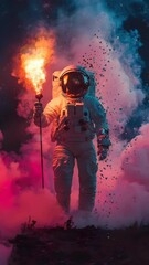 Wall Mural - spectacular Astronaut holding fire torch surrounded by thick color smoke in dramatic scene seamless looping 4k time-lapse virtual video animation background
