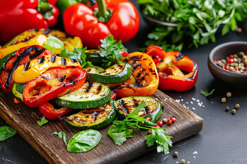 a rustic wooden board with grilled vegetables, sliced bell peppers, zucchini, and eggplant