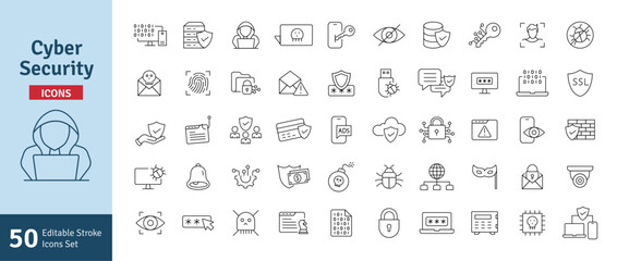 Cyber Security Line Editable Stroke Icons Set. Technology, Phishing, Hacking, Cyber Crime, Security, Mobile Privacy, Bank Locker, Trojan, Device Protection, Privacy Vector Illustration.