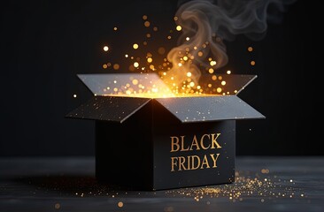 Wall Mural - black magic opened 3d box with golden rays flying from box. letters 