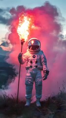 Wall Mural - Astronaut holding fire torch surrounded by thick color smoke in dramatic scene seamless looping 4k time-lapse virtual video animation background