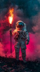 Wall Mural - stunning Astronaut holding fire torch surrounded by thick color smoke in dramatic scene seamless looping 4k time-lapse virtual video animation background