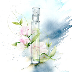 A perfume bottle and a flower. Watercolor Clip Art on a watercolor background. The illustration is hand drawn in pastel colors. Suitable for card designs, textiles and scrapbooking.