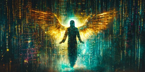 Wall Mural - A mystical figure with wings emerges from a digital realm. The image showcases a blend of technology and spirituality. Stunning colors create an ethereal effect. AI