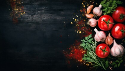 Tomatoes, garlic, and herbs on a dark background with paprika seasoning