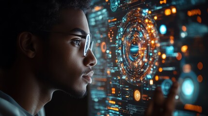 Young man wearing glasses, focusing on a digital interface with glowing orange and blue holographic elements, immersed in futuristic technology.