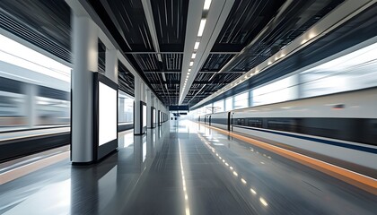 Wall Mural - Dynamic train station scene with a blank billboard and a fast-moving train showcasing modern architecture and urban energy.