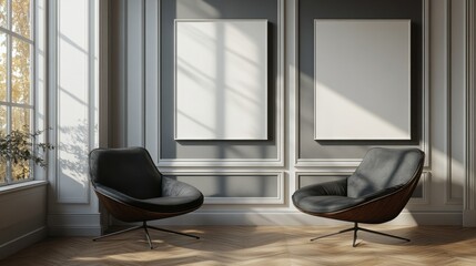 Minimalist sitting area with two chairs and large windows, soft light casting elegant shadows, creating a modern, serene living space design