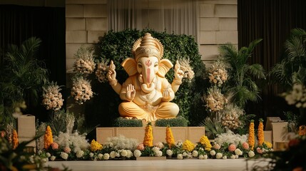 Vibrant Ganesh Idol Surrounded by Floral Decor