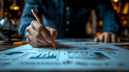 Writing notes on a newspaper with a pencil.