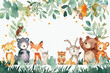 © Neon_Drop - Watercolor cute baby forest animals vector background with white space for text, frame design, leaves and stars.