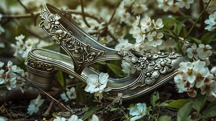 Hypothetical silver sandal fairytale on a blossoming garden