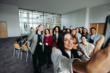 Wall Mural - happy team bonding during a seminar with a group selfie