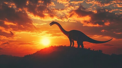 Canvas Print - Brachiosaurus standing on hill during sunset. Majestic dinosaur silhouette with dramatic sky background. Clouds, glowing sun. Prehistoric, serene landscape. Ancient wildlife. 