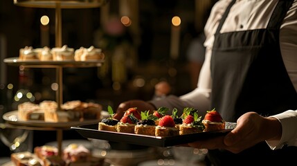 Server Presenting Tray of Exquisite Hors d Oeuvres at High end Event