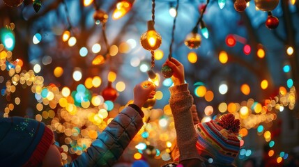 Wall Mural - Children reaching for festive lights at an outdoor Christmas market, surrounded by vibrant holiday decorations and glowing bokeh lights.