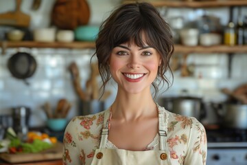 Poster - A woman with a floral apron and a smile on her face. She is standing in a kitchen with various kitchen items such as bowls, cups, and spoons