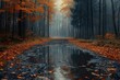 © furyon - atmospheric forest path autumn leaves carpet muddy trail mirrored in large puddle misty ambiance and muted colors create moody contemplative natural scene