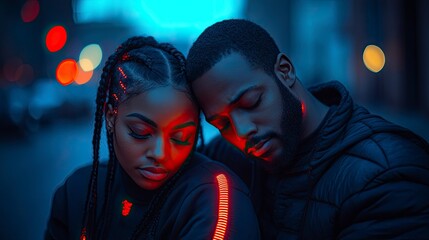 Wall Mural - futuristic love: interracial couple in high-tech space suits sharing tender moment