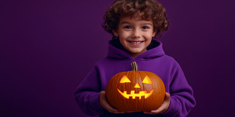 Happy boy holding glowing Halloween pumpkin on dark grey background
