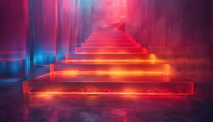 Wall Mural - Neon Glowing Staircase in a Modern Hallway