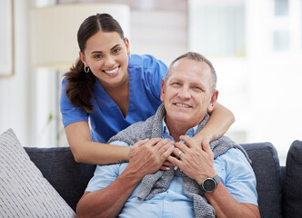 Wall Mural - Senior man, caregiver and hug in home for kindness, support and help on sofa in lounge together. Elderly care, nurse and portrait in nursing house for companion, homecare and healthcare with empathy