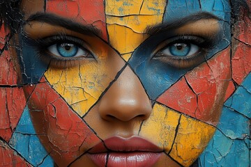 Wall Mural - avantgarde portrait explodes with kaleidoscopic energy bold geometric patterns frame womans face vivid colors and sharp angles evoke urban street art aesthetic